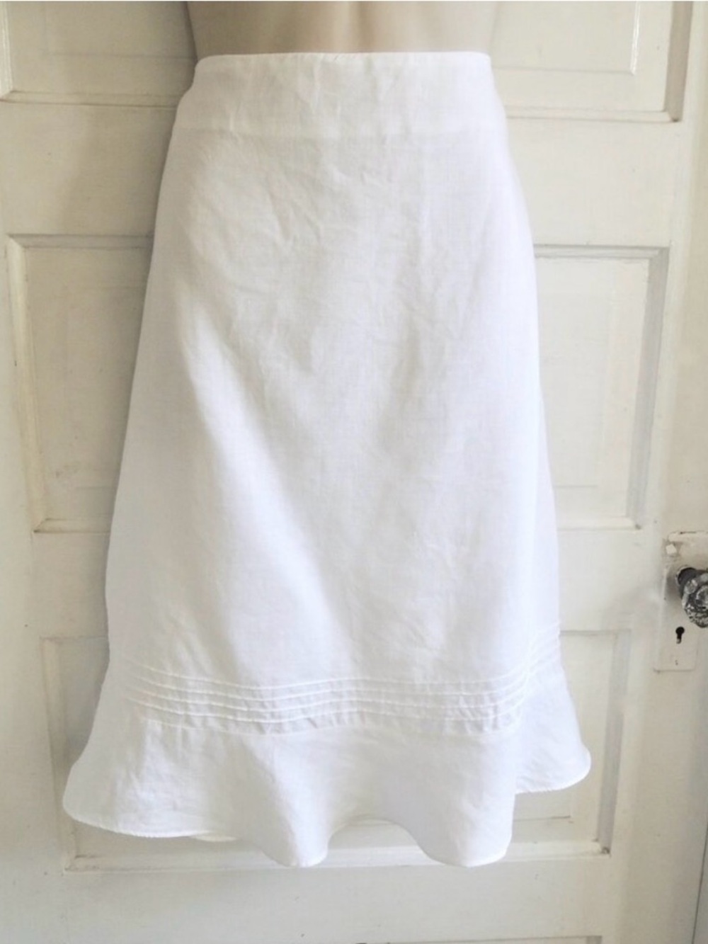 H&M White Linen-Look Ramie A-Line Ruffle Hem Skirt 8 (M)